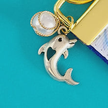 Load image into Gallery viewer, Dolphins in Watercolor on Yellow Gold Key Chain Fob with Gold Dolphin Charm