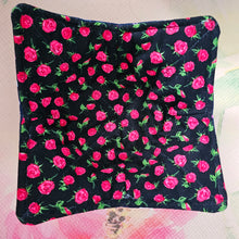 Load image into Gallery viewer, I'm Happy Bunnies on Navy with Roses or Magnolias - Reversible 100% Cotton Bowl Cozy