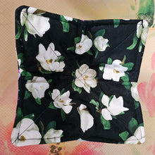 Load image into Gallery viewer, I'm Happy Bunnies on Navy with Roses or Magnolias - Reversible 100% Cotton Bowl Cozy