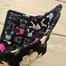 Load image into Gallery viewer, I'm Happy Bunnies on Navy with Roses or Magnolias - Reversible 100% Cotton Bowl Cozy