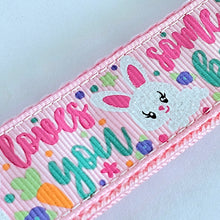 Load image into Gallery viewer, Some Bunny Loves You with Glitter Flowers & Carrots on Gold Key Chain Fob includes Enameled Bunny Charm