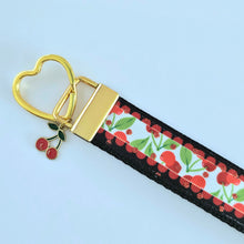 Load image into Gallery viewer, Cherries with Glitter on Gold Key Chain Fob with Enameled Cherry charm