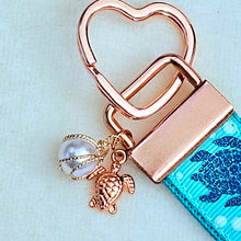Load image into Gallery viewer, Glittery Sea Turtles Honu on Gold Key Chain Fob with Turtle & Pearl or Starfish Charm