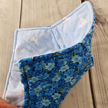Load image into Gallery viewer, Bunnies & Chicks on Light Blue with Blue Flowers - Reversible 100% Cotton Bowl Cozy