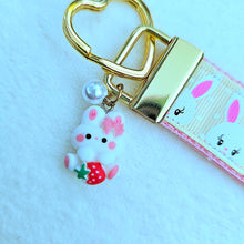 Load image into Gallery viewer, Bunnies with Glittery Faces Key Chain Fob with Yellow Gold Clasp and Cute Enameled Bunny Charm