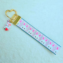 Load image into Gallery viewer, Bunnies with Glittery Faces Key Chain Fob with Yellow Gold Clasp and Cute Enameled Bunny Charm