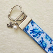 Load image into Gallery viewer, Sea Turtles Honu on Silver Heart Key Chain Fob with Turtle & Pearl Charm