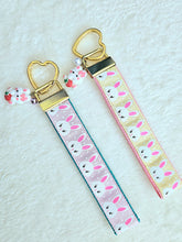 Load image into Gallery viewer, Bunnies with Glittery Faces Key Chain Fob with Yellow Gold Clasp and Cute Enameled Bunny Charm