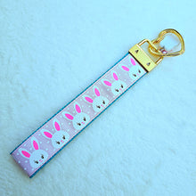 Load image into Gallery viewer, Bunnies with Glittery Faces Key Chain Fob with Yellow Gold Clasp and Cute Enameled Bunny Charm