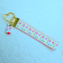 Load image into Gallery viewer, Bunnies with Glittery Faces Key Chain Fob with Yellow Gold Clasp and Cute Enameled Bunny Charm
