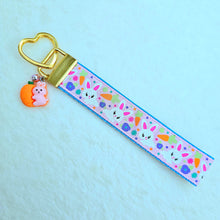 Load image into Gallery viewer, Bunny Flowers & Carrots Glittery Key Chain Fob on Gold with Bunny Charm