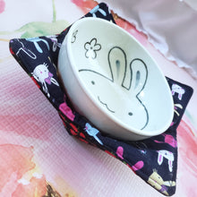 Load image into Gallery viewer, I'm Happy Bunnies on Navy with Roses or Magnolias - Reversible 100% Cotton Bowl Cozy