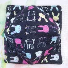 Load image into Gallery viewer, I'm Happy Bunnies on Navy with Roses or Magnolias - Reversible 100% Cotton Bowl Cozy