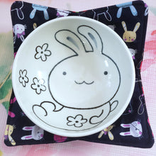 Load image into Gallery viewer, I'm Happy Bunnies on Navy with Roses or Magnolias - Reversible 100% Cotton Bowl Cozy