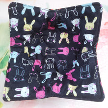 Load image into Gallery viewer, I'm Happy Bunnies on Navy with Roses or Magnolias - Reversible 100% Cotton Bowl Cozy