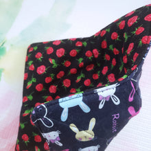 Load image into Gallery viewer, I'm Happy Bunnies on Navy with Roses or Magnolias - Reversible 100% Cotton Bowl Cozy