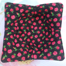 Load image into Gallery viewer, I'm Happy Bunnies on Navy with Roses or Magnolias - Reversible 100% Cotton Bowl Cozy