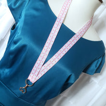 Load image into Gallery viewer, Bunny Faces on Pink with Carrots Lanyard with Rose Gold Heart Clasp