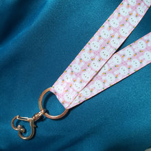 Load image into Gallery viewer, Bunny Faces on Pink with Carrots Lanyard with Rose Gold Heart Clasp