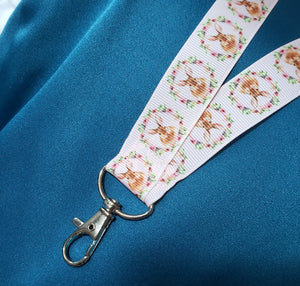 Bunny in Wreaths on Pink Lanyard with Silver Clasp