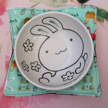 Load image into Gallery viewer, Bunnies on Green and Fall Leaves - Reversible 100% Cotton Bowl Cozy
