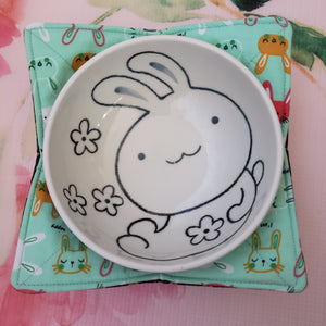 Bunnies on Green and Fall Leaves - Reversible 100% Cotton Bowl Cozy