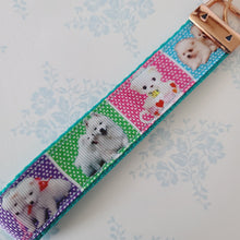 Load image into Gallery viewer, White Samoyed Eskimo White Fluffy Dog & Puppies Key Chain Fob with Enameled Paw Print Charm