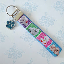 Load image into Gallery viewer, White Samoyed Eskimo White Fluffy Dog & Puppies Key Chain Fob with Enameled Paw Print Charm