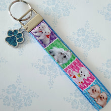 Load image into Gallery viewer, White Samoyed Eskimo White Fluffy Dog & Puppies Key Chain Fob with Enameled Paw Print Charm
