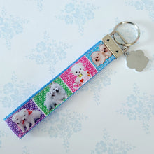 Load image into Gallery viewer, White Samoyed Eskimo White Fluffy Dog & Puppies Key Chain Fob with Enameled Paw Print Charm