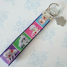 Load image into Gallery viewer, White Samoyed Eskimo White Fluffy Dog & Puppies Key Chain Fob with Enameled Paw Print Charm