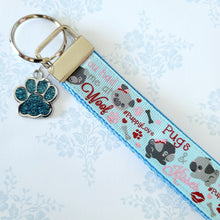 Load image into Gallery viewer, Pugs in Love Key Chain Fob with Enameled Paw Charm