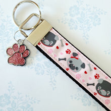 Load image into Gallery viewer, Pugs in Love Key Chain Fob with Enameled Paw Charm