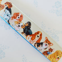 Load image into Gallery viewer, Cute Dogs on Gold Key Chain Fob with Cute Enameled Happy Dog Charm