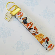Load image into Gallery viewer, Cute Dogs on Gold Key Chain Fob with Cute Enameled Happy Dog Charm