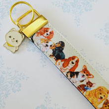 Load image into Gallery viewer, Cute Dogs on Gold Key Chain Fob with Cute Enameled Happy Dog Charm