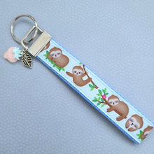 Load image into Gallery viewer, Sleepy Sloths on Blue Silver Key Chain Fob with Charm