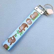Load image into Gallery viewer, Sleepy Sloths on Blue Silver Key Chain Fob with Charm