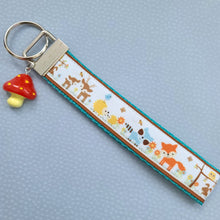 Load image into Gallery viewer, Woodland Animals Fox Bunny Deer Porcupine Owl Racoon Bird Key Chain Fob with Mushroom Charm