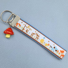 Load image into Gallery viewer, Woodland Animals Fox Bunny Deer Porcupine Owl Racoon Bird Key Chain Fob with Mushroom Charm