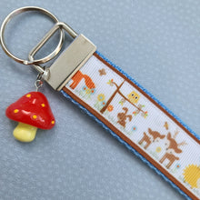 Load image into Gallery viewer, Woodland Animals Fox Bunny Deer Porcupine Owl Racoon Bird Key Chain Fob with Mushroom Charm