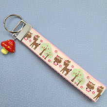 Load image into Gallery viewer, Glittery Deer and Owl Key Chain Fob with Mushroom Charm
