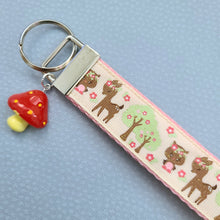 Load image into Gallery viewer, Glittery Deer and Owl Key Chain Fob with Mushroom Charm