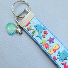 Load image into Gallery viewer, Sea Animal Key Chain Fob with Turtles Dolphins Starfish & Whales includes Dolphin or Turtle Charm
