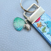Load image into Gallery viewer, Sea Animal Key Chain Fob with Turtles Dolphins Starfish & Whales includes Dolphin or Turtle Charm