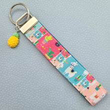 Load image into Gallery viewer, Llamas and Happy Cactus on Silver Key Chain Fob with Cactus or Pineapple Charm