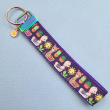 Load image into Gallery viewer, Llamas and Cactus on Rainbow Key Chain Fob with Enameled Flower Charm