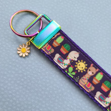 Load image into Gallery viewer, Llamas and Cactus on Rainbow Key Chain Fob with Enameled Flower Charm