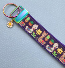 Load image into Gallery viewer, Llamas and Cactus on Rainbow Key Chain Fob with Enameled Flower Charm