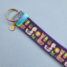 Load image into Gallery viewer, Llamas and Cactus on Rainbow Key Chain Fob with Enameled Flower Charm